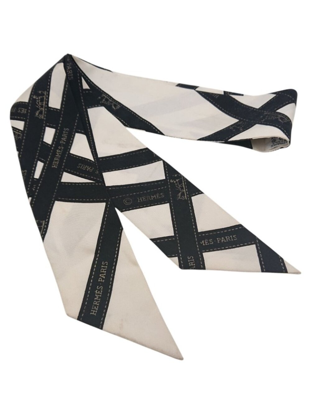 Hermes Twilly Bolduc Ribbon Pattern White Black Scarf - Picture 2 of 12